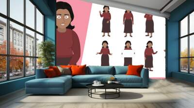 Illustration of Latin American woman, wearing business casual clothing in a set of multiple poses. Easy to edit with editable line strokes and isolated on white background. Suitable for animation. Wall mural