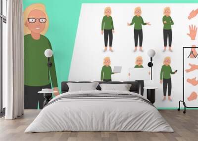 Illustration of young woman, wearing casual clothing and glasses in a set of multiple poses. Easy to edit with editable line strokes and isolated on white background. Suitable for animation. Wall mural