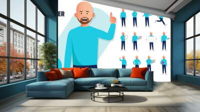 Simple flat 2d bald bearded male vector character in a set of multiple poses. Easy to edit and isolated on a white background. Modern trendy style character mega pack with lots of poses. Wall mural