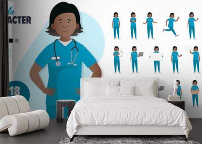 Simple flat 2d black female nurse woman vector character in a set of multiple poses. Easy to edit and isolated on a white background. Modern trendy style character mega pack with lots of poses.	 Wall mural