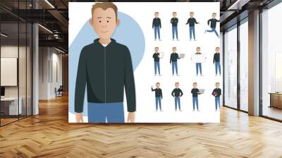 Simple flat 2d male vector character in a set of multiple poses. Easy to edit and isolated on a white background. Modern trendy style character mega pack with lots of poses.	 Wall mural