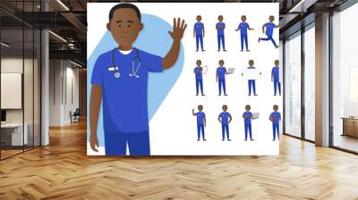 Simple flat male black nurse man vector character in a set of multiple poses. Easy to edit and isolated on a white background. Modern trendy style character mega pack with lots of poses.	 Wall mural