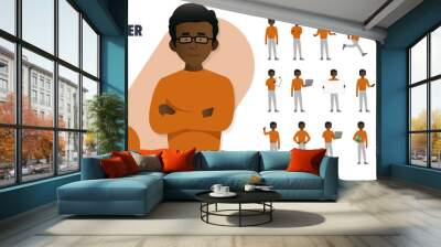 Simple flat male vector character wearing glasses in a set of multiple poses. Easy to edit and isolated on a white background. Modern trendy style character mega pack with lots of poses.  Wall mural