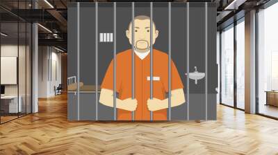 Convict in orange jumpsuit standing in prison cell. Vector illustration. Wall mural