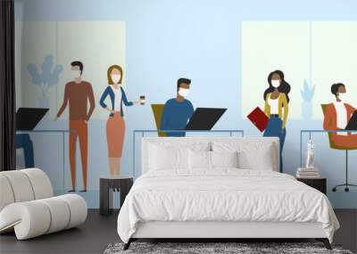 Employees in masks working in open plan office. Vector illustration. Wall mural