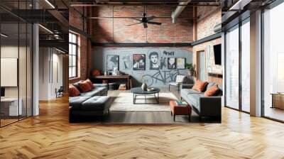 Industrial living room with a unique layout, featuring a sunken seating area, a mix of metal and wood furniture, and a large mural as a focal point. Wall mural