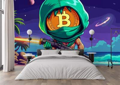 A cartoon character with a Bitcoin symbol head stands on the beach at sunset, wielding a futuristic weapon while dressed in casual attire Wall mural