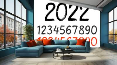 Handwritten numbers. Lettering 2022 and set of vector numbers in grunge style. Two different spelling sets. Handwritten by marker one, two, three, four, five, six, seven, eight, nine, zero numbers. Wall mural