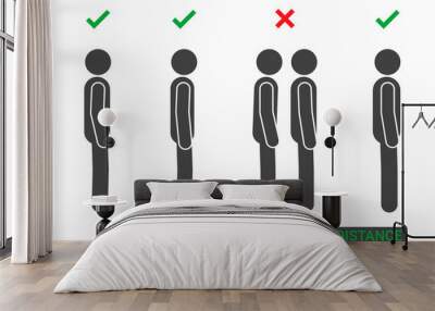 Keep your distance sign. Vector illustration of people icons standing in line with interval of 1.5 meters between. Forbidden to come close to each other. Icons of people standing sideways in profile. Wall mural