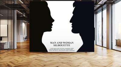 Man and woman silhouette in profile. Vector outline of a person's face. Concept of communication and relationships between a man and a woman. Face profile on white background. Wall mural