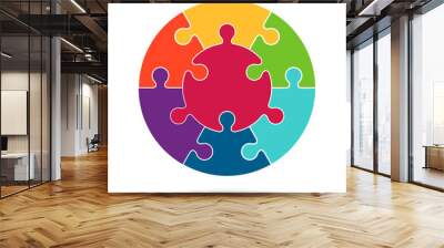 Round puzzle pieces. Blank vector template. Seven colored connected elements. Free fields for your context. Concept of business solutions and teamwork. Wall mural