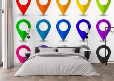 Set of map pointers icons with soft shadow in flat style. Wall mural