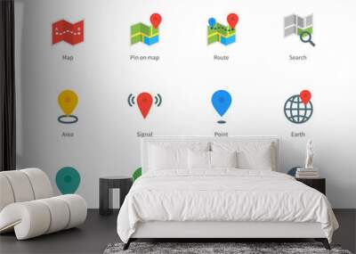 Map GPS and navigation color icons on white background. Wall mural