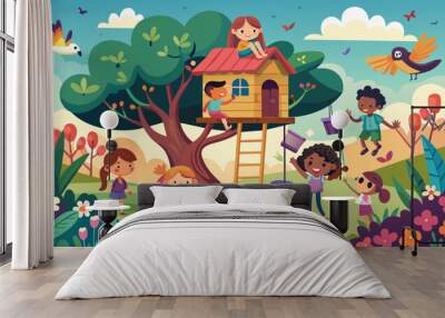 kids tree house vector illustration children nat  Wall mural