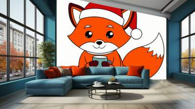 red fox eating a cup of tea wearing santa vector illustration Wall mural