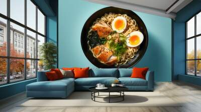 overhead food photography, korean instant noodle with egg and nori seaweed, and chicken chunks, on a seamless blue background. Generative ai Wall mural