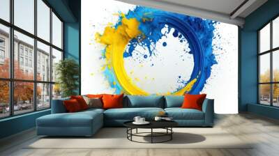 A circle frame with blue and yellow paint splashes on white background. Liquid paint pouring texture. Ai generated abstract illustration with a circle frame covered with colorful drops. Wall mural