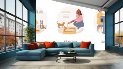 Cat owner routine isolated cartoon vector illustration set. Feeding a cat, pouring dry food in bowl, filling litter box, filler into toilet tray, scratching post, daily routine vector cartoon. Wall mural