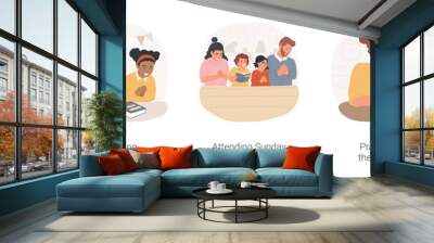 Christian rituals isolated cartoon vector illustration set. Religious mother teaching her daughter to pray, family attending Sunday mass, young woman praying in the church alone vector cartoon. Wall mural