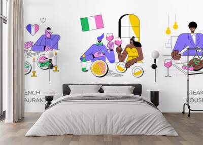 Dinner out isolated cartoon vector illustrations set. Happy couple eating out in french restaurant, gourmet food menu, traditional Italian cuisine, man having dinner in steak house vector cartoon. Wall mural