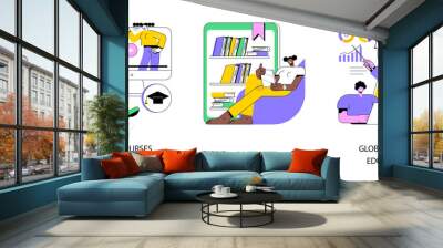 E-learning tools abstract concept vector illustration set. Online courses, E-library, global online education, certificate diploma, content store access, individual learning plan abstract metaphor. Wall mural