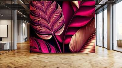 Floral gold magenta abstract background. Decorative tree leaves, fuchsia pink and golden shiny texture. Vertical Floral gold magenta abstract pattern. Wall mural