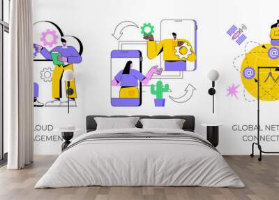 Global communication abstract concept vector illustration set. Cloud management, cross-platform software, global network connection, data storage, application development, computing abstract metaphor. Wall mural