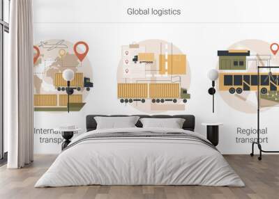 Global logistics abstract concept vector illustration set. International transport, national and regional transport, air cargo, container sheep, car driver, ticket office abstract metaphor. Wall mural