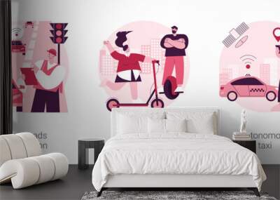 IoT city transport abstract concept vector illustration set. Smart roads construction, urban electric transport, autonomous taxi, rental electric bikes, on demand car service abstract metaphor. Wall mural