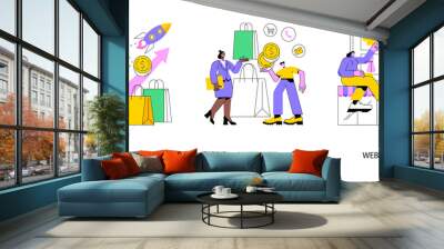 Marketing and sales abstract concept vector illustration set. Upselling and clienting, webrooming and digital goods research, customer motivation, client loyalty, e-commerce abstract metaphor. Wall mural