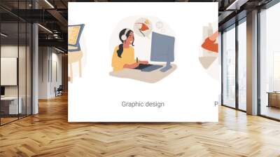 Modern hobby isolated cartoon vector illustration set. Teen boy programming and coding, graphic design, teenage girl drawing using tablet, digital photography, taking pictures vector cartoon. Wall mural