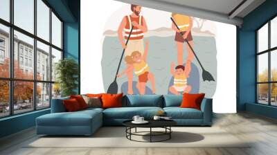 Paddleboard isolated cartoon vector illustration. Family paddleboarding on a lake, summer vacation activity, children and parents standing on a paddleboard, wearing lifejacket vector cartoon. Wall mural