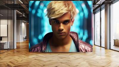 Photorealistic Teen Indian Man with Blond Straight Hair Futuristic Illustration. Portrait of a person with creative hairstyle in sci-fi movie style. Space-age Ai Generated Horizontal Illustration. Wall mural