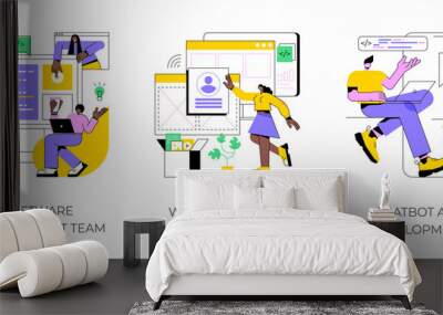 Professional programming abstract concept vector illustration set. Software development team, web application design, chatbot app, remote teamwork, outsource company, user interface abstract metaphor. Wall mural