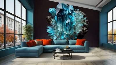 Shiny Sea blue crystal Aquamarine gem isolated on black background. Natural precious mineral stone artistic illustration. Decorative blue Aquamarine crystal gemstone poster. Wall mural