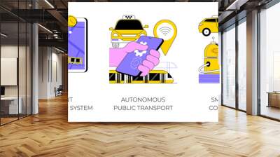 Smart city technology abstract concept vector illustration set. Intelligent transportation system, autonomous public transport, smart roads construction, traffic, parking management abstract metaphor. Wall mural