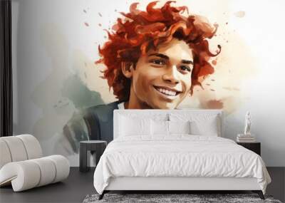 Smiling Teen Indian Man with Red Curly Hair Watercolor Illustration. Portrait of Casual Person on white background with copy space. Photorealistic Ai Generated Horizontal Illustration. Wall mural