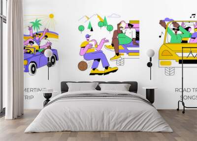 Summer road trip isolated cartoon vector illustrations. Wall mural