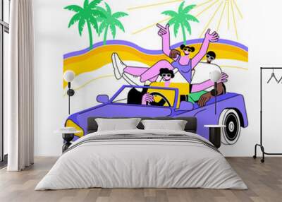 Summertime trip isolated cartoon vector illustrations. Group of friends driving in cabrio along the shore, taking selfie together, people lifestyle, summer road trip adventure vector cartoon. Wall mural