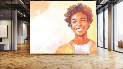 Teen Black Man with Brown Curly Hair watercolor illustration. Wall mural