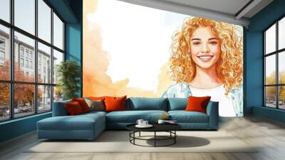 Teen Latino Woman with Blond Curly Hair watercolor illustration. Wall mural