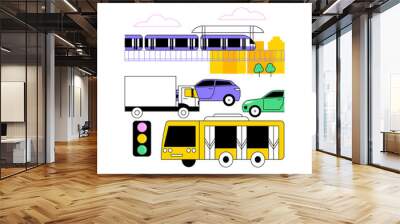 Urban transport abstract concept vector illustration. Public transport system, urban busy roads, car traffic, platform of subway station, bus stop, people waiting, metro railway abstract metaphor. Wall mural