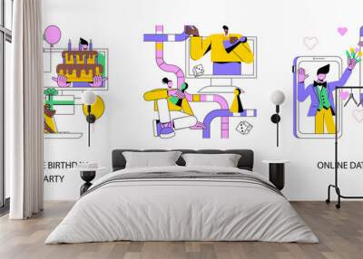 Video call abstract concept vector illustration set. Online birthday party, board gaming playing app, online dating, quarantine event, social isolation, camera date, social media abstract metaphor. Wall mural