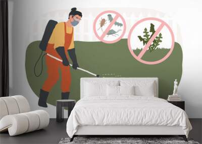 Weed control isolated concept vector illustration. Gardening maintenance, pest control, spray chemicals, weed killer, lawn care service, herbicide and pesticide vector concept. Wall mural