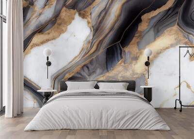 White marble with gold and black berilium surface abstract background. Decorative acrylic paint pouring rock marble texture. Horizontal natural black and gold abstract pattern. Wall mural