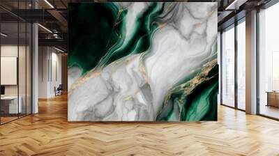 White marble with gold and green emerald surface abstract background. Decorative acrylic paint pouring rock marble texture. Horizontal natural green and gold abstract pattern. Wall mural