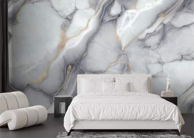 White marble with gold and grey veins surface abstract background. Decorative acrylic paint pouring rock marble texture. Horizontal natural grey and gold abstract pattern. Wall mural