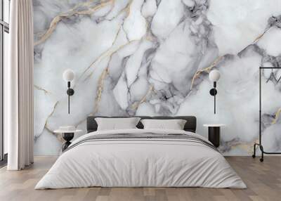 White marble with gold and grey veins surface abstract background. Decorative acrylic paint pouring rock marble texture. Horizontal natural grey and gold abstract pattern. Wall mural