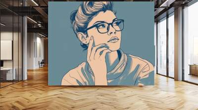 White young woman in thinking and doubts illustration. Female hipster character with dreamy face on abstract background. Ai generated soft colored sketch poster. Generative AI Wall mural