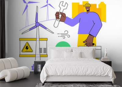 Wind power abstract concept vector illustration. Renewable energy, green electricity supply, wind turbine, power generator, solar panels, renewable source, engineer worker abstract metaphor. Wall mural